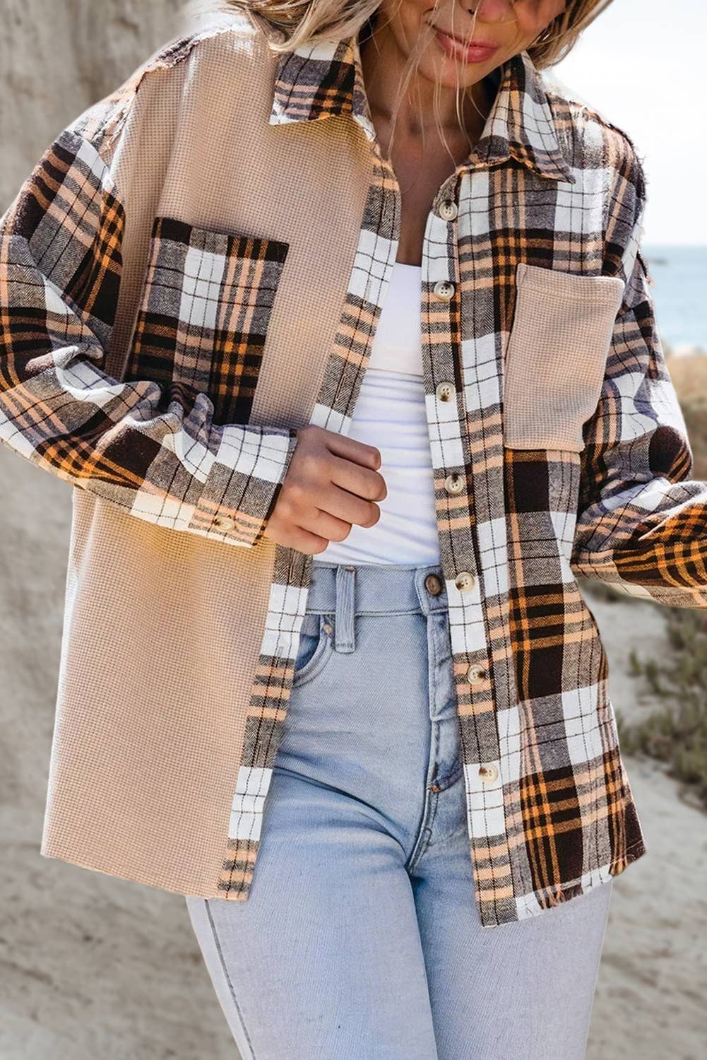 Plaid Knit Patch Shacket